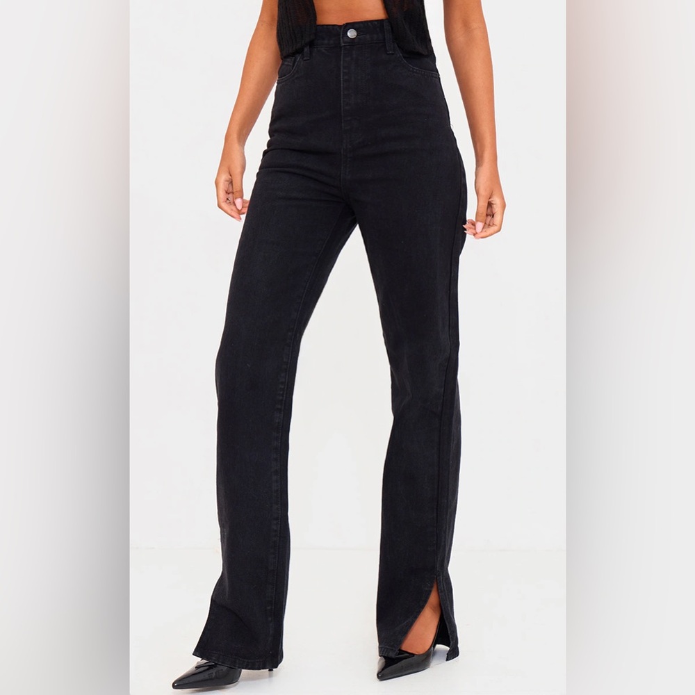 Pretty Little Thing TALL WASHED BLACK HIGH RISE SPLIT HEM DETAIL JEANS (Size 4) - Picture 3 of 5
